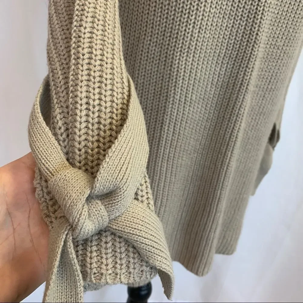 ALTAR beige tan brown tie-sleeve oversized long V-neck sweater size medium